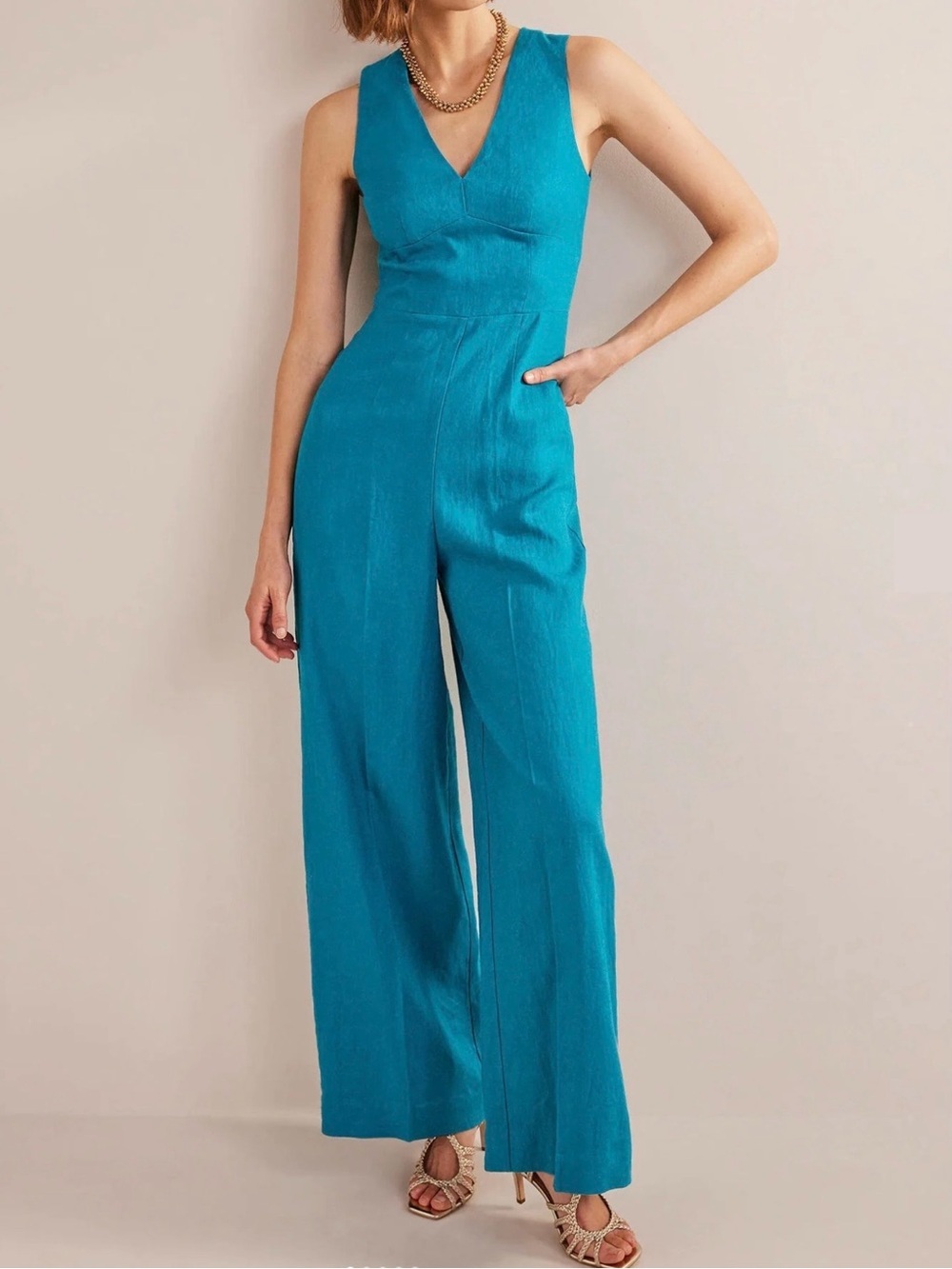 Boden Linen Occasion Jumpsuit Teal Size 4 (US) V-Neck Wide Leg Sleeveless EUC